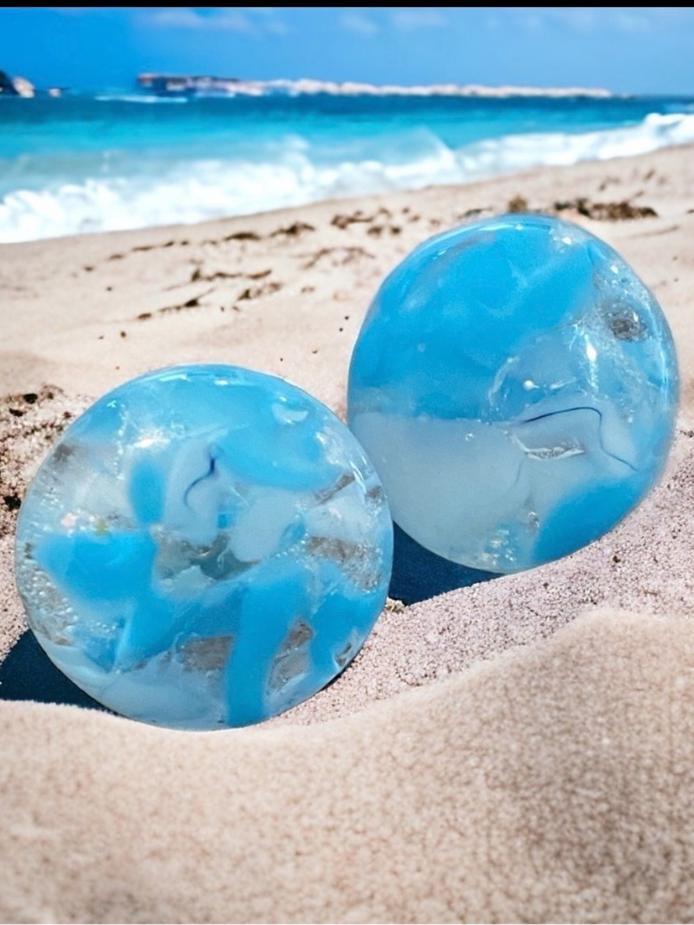 Hand-crafted Ocean Blue & White Glass Pierced "button” earrings NEW - Picture 2 of 8
